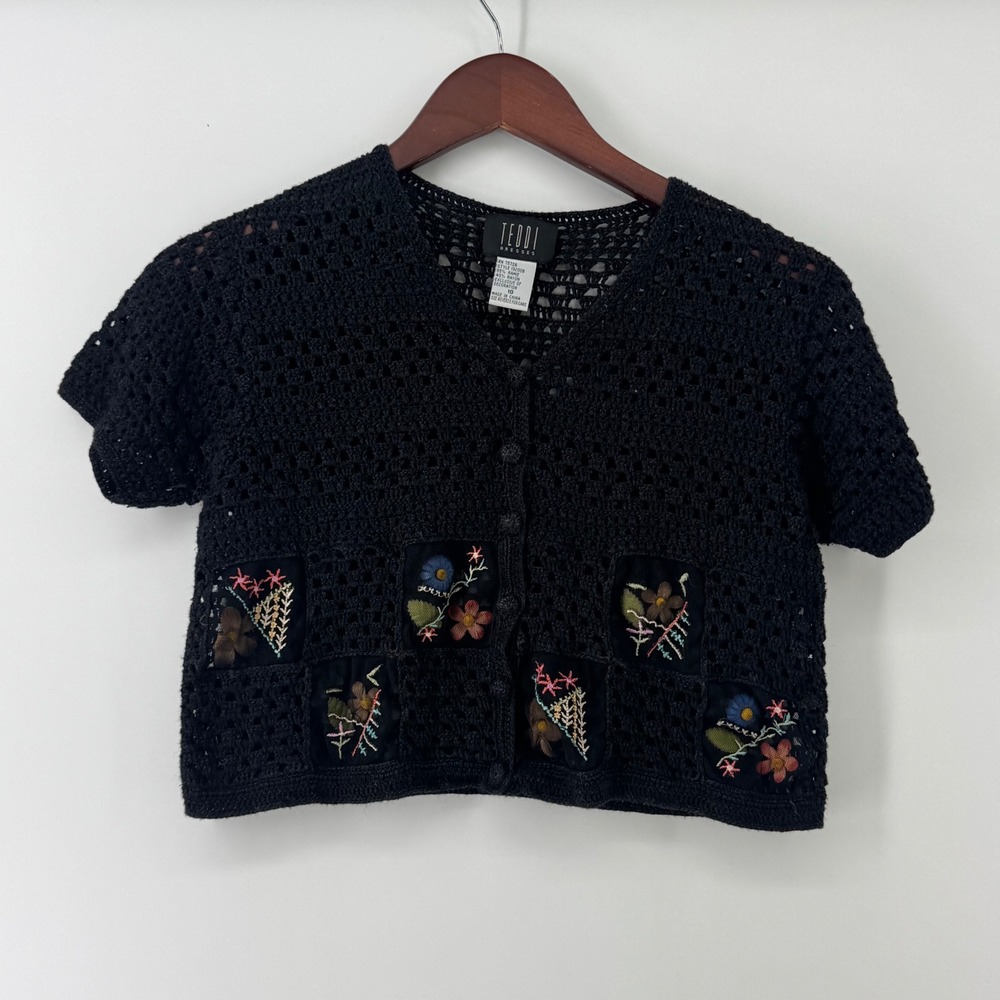 Goth Vintage Black Crochet Floral Embroidered Cropped Cardigan Size 10